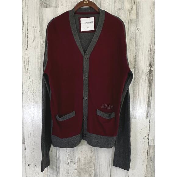 Aeropostale Mens Cardigan Sweater Size Medium Burgundy Gray Wool Blend Button Up - Picture 1 of 8